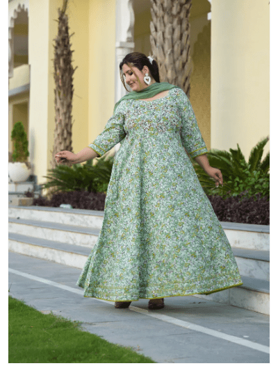 Plus size Anarkali Seagreen Kurti Dupatta Set of 2 - BONYHUBSALWAR KAMEEZ