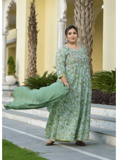 Plus size Anarkali Seagreen Kurti Dupatta Set of 2 - BONYHUBSALWAR KAMEEZ