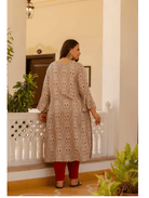 Plus size Beige Red Cotton Printed Kurti Gown - BONYHUBSALWAR KAMEEZ