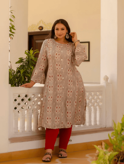 Plus size Beige Red Cotton Printed Kurti Gown - BONYHUBSALWAR KAMEEZ