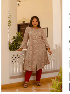 Plus size Beige Red Cotton Printed Kurti Gown - BONYHUBSALWAR KAMEEZ