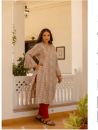 Plus size Beige Red Cotton Printed Kurti Gown - BONYHUBSALWAR KAMEEZ