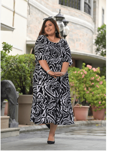 Plus size Black Cotton Printed Kurti Gown - BONYHUBSALWAR KAMEEZ