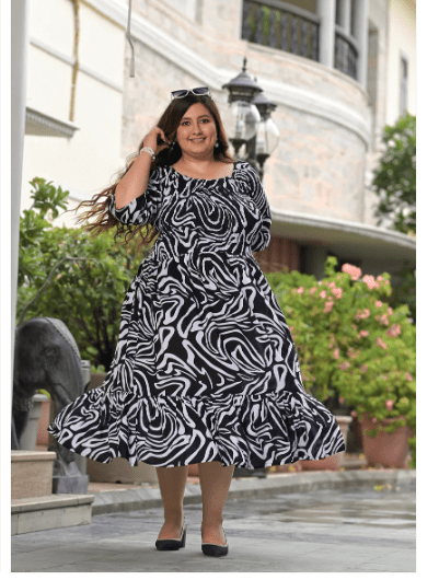 Plus size Black Cotton Printed Kurti Gown - BONYHUBSALWAR KAMEEZ