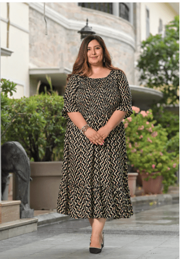 Plus size Black Cream Cotton Printed Kurti Gown - BONYHUBSALWAR KAMEEZ