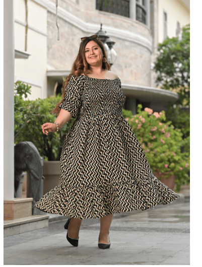 Plus size Black Cream Cotton Printed Kurti Gown - BONYHUBSALWAR KAMEEZ