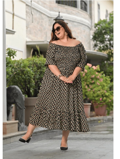 Plus size Black Cream Cotton Printed Kurti Gown - BONYHUBSALWAR KAMEEZ