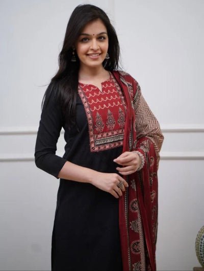 Plus Size Black Jaipuri Print Cotton Salwar Suit - BONYHUBSALWAR KAMEEZ