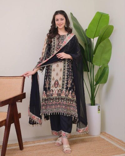 Plus Size Black Jaipuri Print Mirror Work Salwar Suit Set - BONYHUBSALWAR KAMEEZ