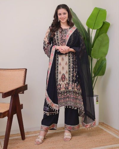 Plus Size Black Jaipuri Print Mirror Work Salwar Suit Set - BONYHUBSALWAR KAMEEZ
