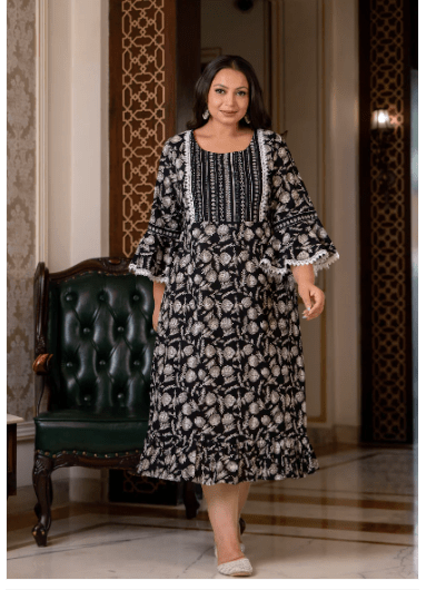 Plus size Black Lacework Cotton Printed Kurti Gown - BONYHUBSALWAR KAMEEZ