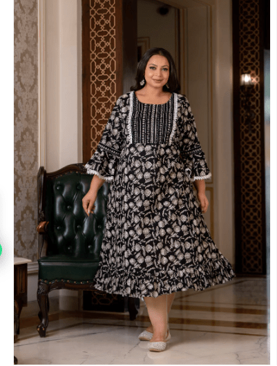 Plus size Black Lacework Cotton Printed Kurti Gown - BONYHUBSALWAR KAMEEZ