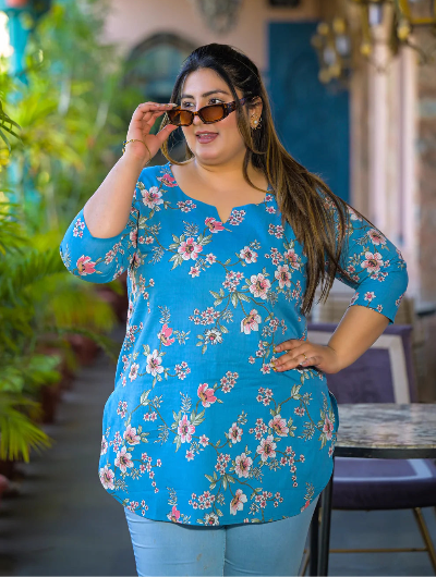 Plus Size Blue Cherry Blossom Print Top - BONYHUBSALWAR KAMEEZ