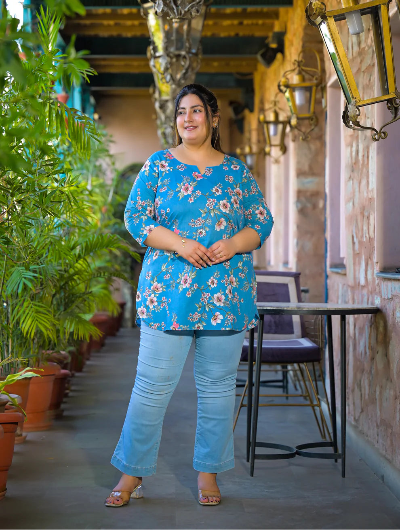 Plus Size Blue Cherry Blossom Print Top - BONYHUBSALWAR KAMEEZ