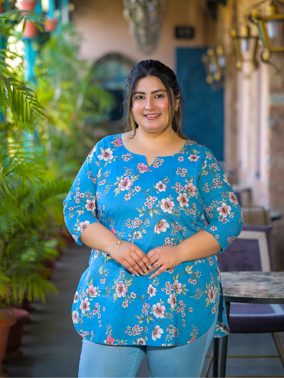 Plus Size Blue Cherry Blossom Print Top - BONYHUBSALWAR KAMEEZ