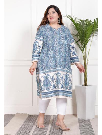 Plus Size Blue Cotton Printed Kurti UK Next Day - BONYHUBSALWAR KAMEEZ