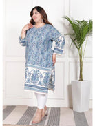 Plus Size Blue Cotton Printed Kurti UK Next Day - BONYHUBSALWAR KAMEEZ