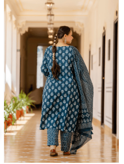 Plus Size Blue Indigo A Line cut Salwar Suit - BONYHUBSALWAR KAMEEZ