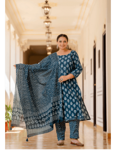 Plus Size Blue Indigo A Line cut Salwar Suit - BONYHUBSALWAR KAMEEZ