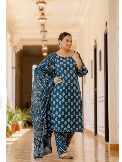 Plus Size Blue Indigo A Line cut Salwar Suit - BONYHUBSALWAR KAMEEZ