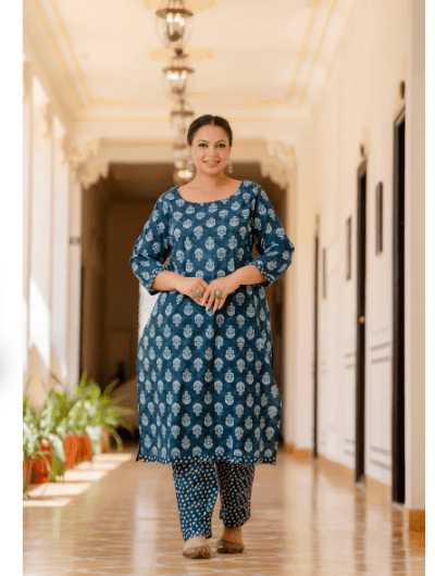 Plus Size Blue Indigo A Line cut Salwar Suit - BONYHUBSALWAR KAMEEZ