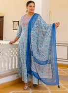 Plus size Blue Jaipuri Print Kurti Dupatta Set of 2 - BONYHUBSALWAR KAMEEZ