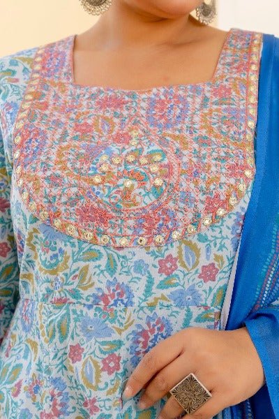 Plus size Blue Jaipuri Print Kurti Dupatta Set of 2 - BONYHUBSALWAR KAMEEZ