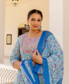Plus size Blue Jaipuri Print Kurti Dupatta Set of 2 - BONYHUBSALWAR KAMEEZ