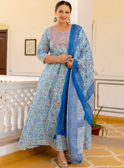 Plus size Blue Jaipuri Print Kurti Dupatta Set of 2 - BONYHUBSALWAR KAMEEZ