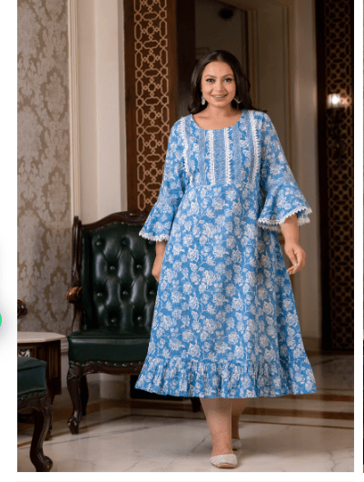 Plus size Blue Lacework Cotton Printed Kurti Gown - BONYHUBSALWAR KAMEEZ