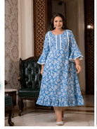 Plus size Blue Lacework Cotton Printed Kurti Gown - BONYHUBSALWAR KAMEEZ