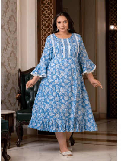 Plus size Blue Lacework Cotton Printed Kurti Gown - BONYHUBSALWAR KAMEEZ