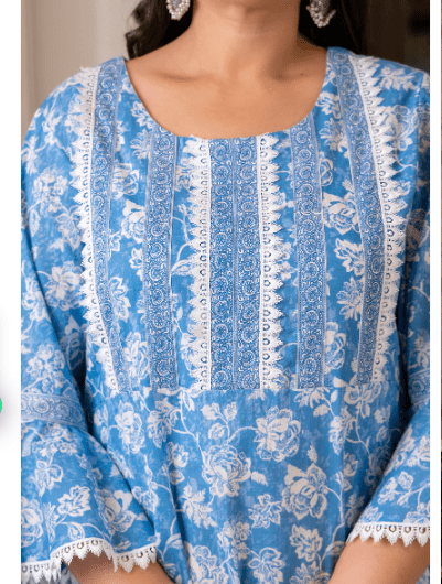 Plus size Blue Lacework Cotton Printed Kurti Gown - BONYHUBSALWAR KAMEEZ