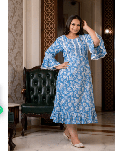Plus size Blue Lacework Cotton Printed Kurti Gown - BONYHUBSALWAR KAMEEZ