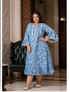 Plus size Blue Lacework Cotton Printed Kurti Gown - BONYHUBSALWAR KAMEEZ