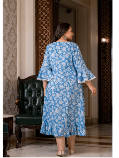 Plus size Blue Lacework Cotton Printed Kurti Gown - BONYHUBSALWAR KAMEEZ