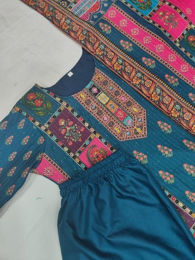 Plus Size Blue Muslin Printed Salwar Suit Set - BONYHUBSALWAR KAMEEZ