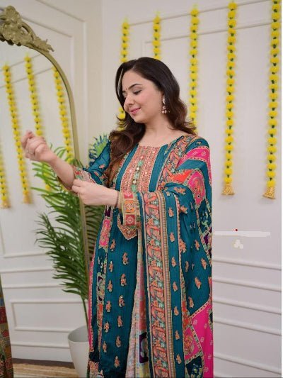 Plus Size Blue Muslin Printed Salwar Suit Set - BONYHUBSALWAR KAMEEZ