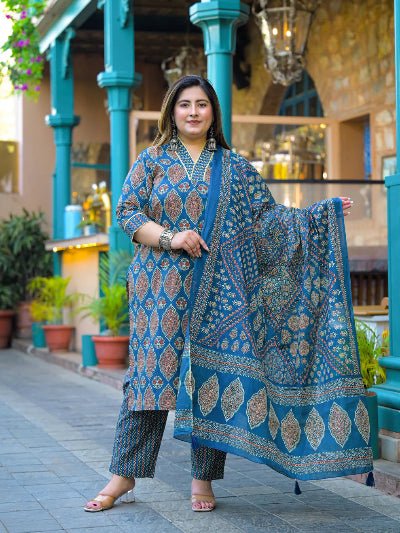 Plus Size Blue Printed Cotton Straight Salwar Suit - BONYHUBSALWAR KAMEEZ