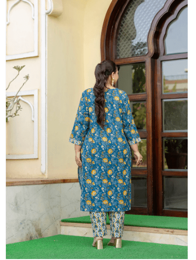 Plus Size Blue Yellow Straight Salwar Suit - BONYHUBSALWAR KAMEEZ