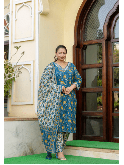 Plus Size Blue Yellow Straight Salwar Suit - BONYHUBSALWAR KAMEEZ