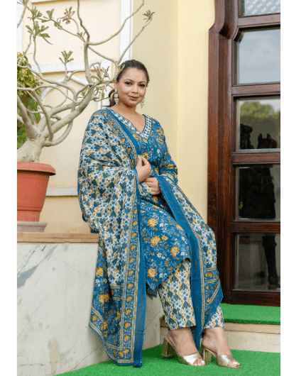 Plus Size Blue Yellow Straight Salwar Suit - BONYHUBSALWAR KAMEEZ