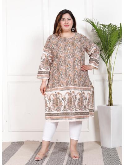 Plus Size Brown Cotton Printed Kurti - BONYHUBSALWAR KAMEEZ