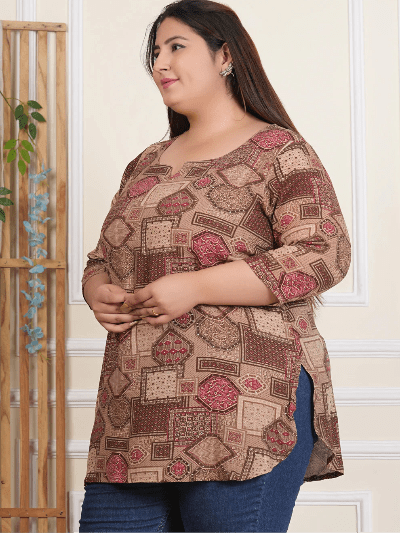 Plus Size Brown Printed Top - BONYHUBSALWAR KAMEEZ