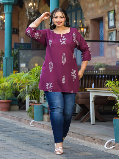 Plus Size Burgandy Floral Printed Top - BONYHUBSALWAR KAMEEZ