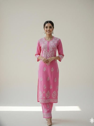 Plus Size Chikankari Cotton Kurta Palazzo Set - BONYHUBSALWAR KAMEEZ