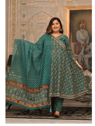 Plus Size Cotton Green Anarkali Suit UK Next Day - BONYHUBSALWAR KAMEEZ