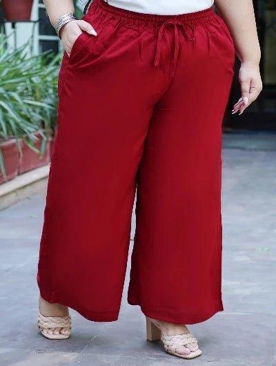 Plus size Dark Red Rayon Wide Leg Palazzo - BONYHUBSALWAR
