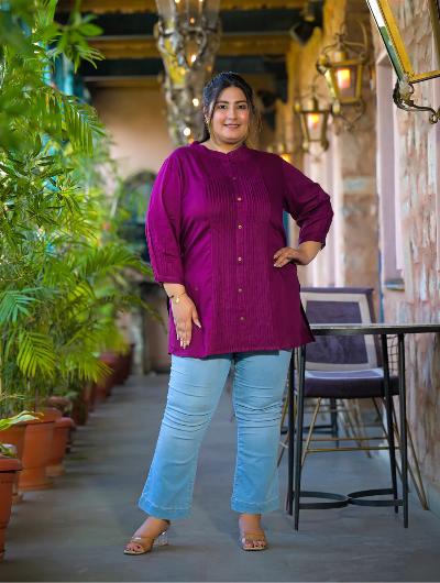 Plus Size Deep Purple Plum Solid Top - BONYHUBSALWAR KAMEEZ