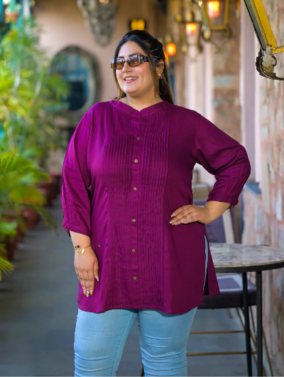 Plus Size Deep Purple Plum Solid Top - BONYHUBSALWAR KAMEEZ